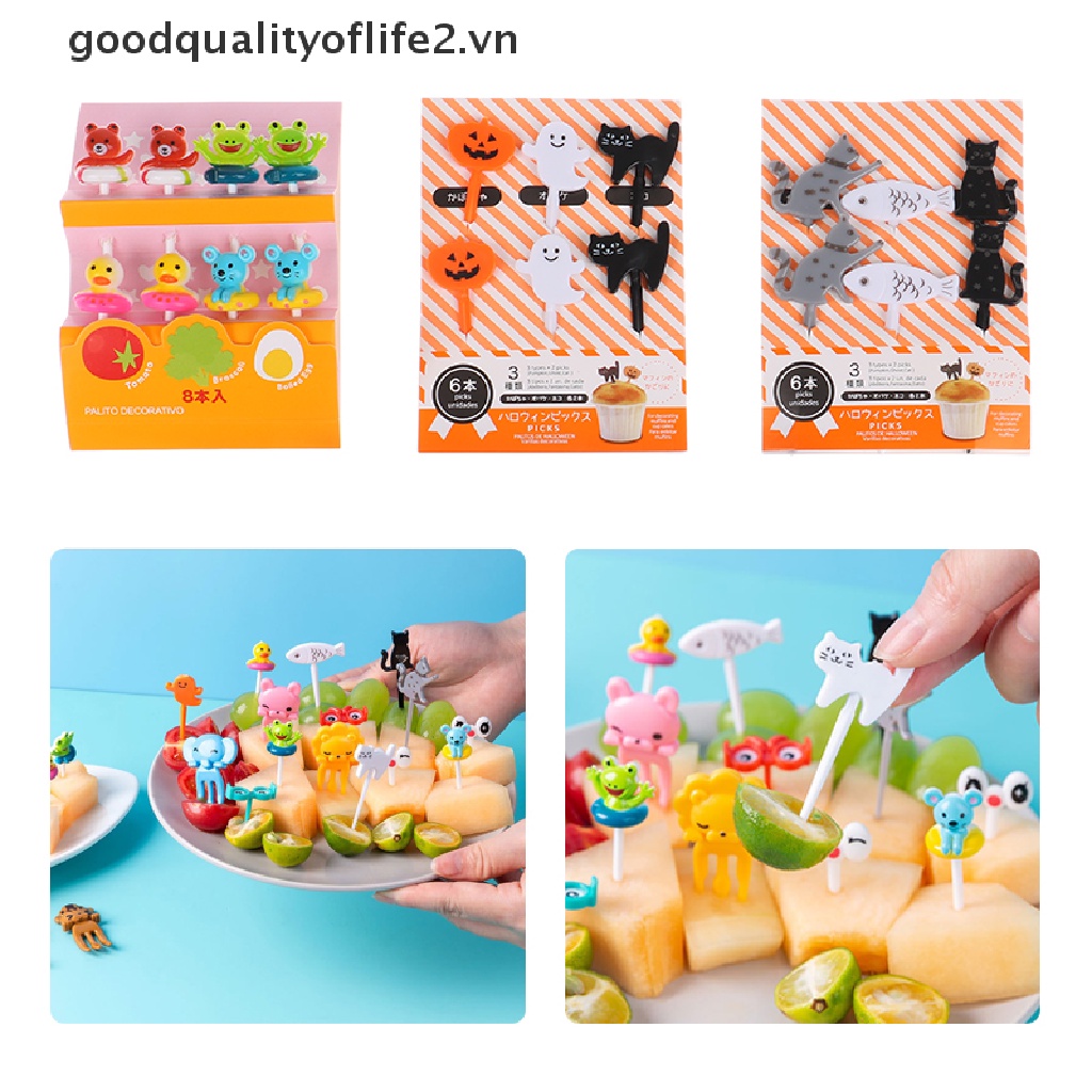 Set 6 / 8 / 10 Nĩa Ăn Trái Cây Họa Tiết Hoạt Hình Mini Có Thể Tái Sử Dụng