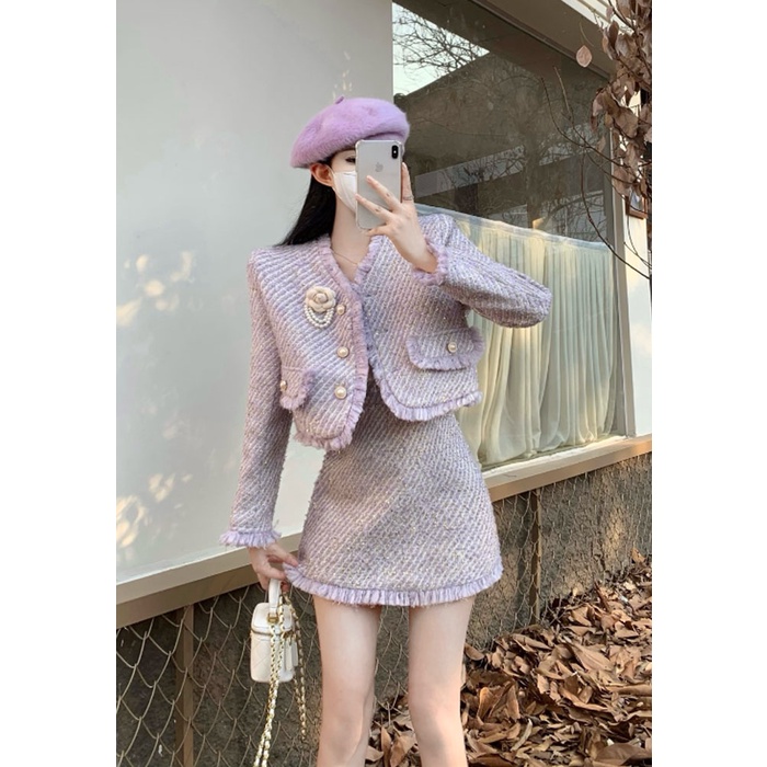 Set Dạ Tweed Chất Đẹp 2 Món Chân Váy Dáng Chữ A Khoác Ngoài Màu Tím Trắng Tôn Dáng Trẻ Trung Sang Trọng Dự Tiệc Hàng QCC