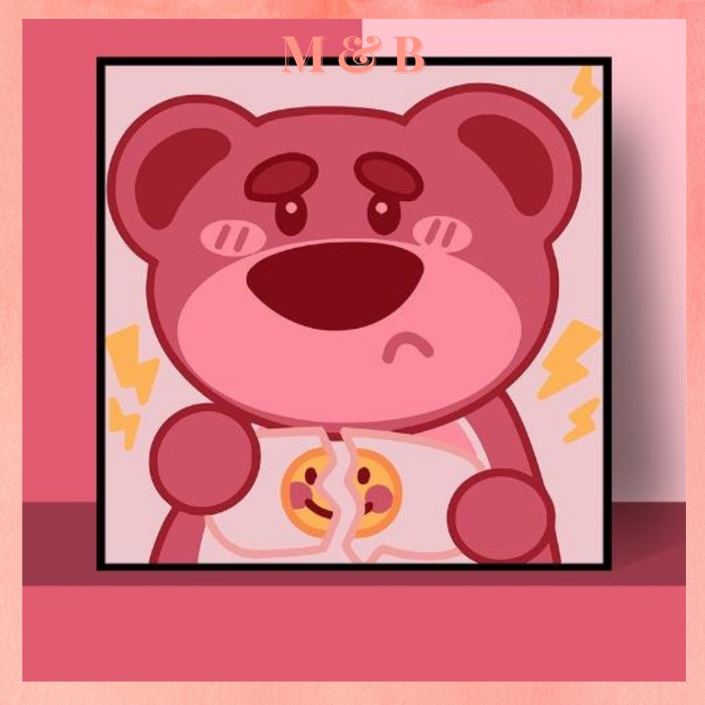 Tranh số hóa 20x20, Tranh Tô Màu gấu Lotso Strawberry bear gấu dâu hồng tặng kèm bộ màu và bút vẽ