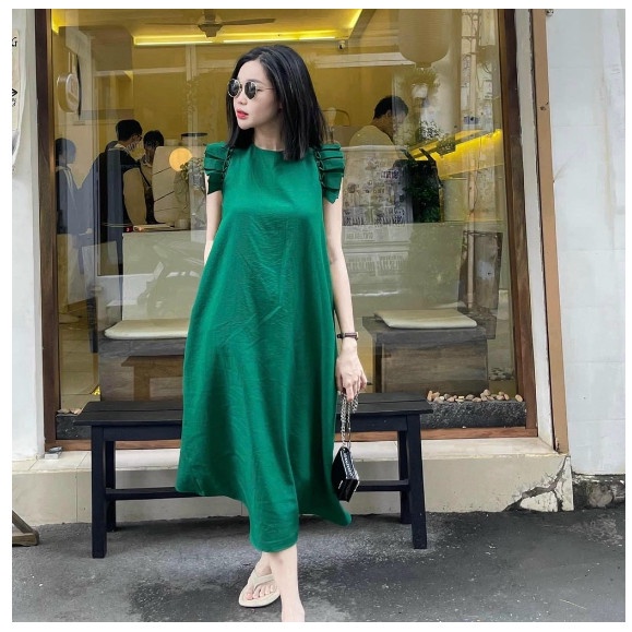 Váy bầu dáng suông xếp ly vai cực xinh_Đầm Bầu form rộng mặc cả thai kì(V52)