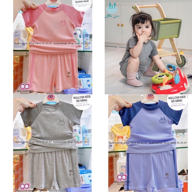 {Nhùn nhùn}Bộ Little love thun tăm co giãn cộc tay size 3-6m đến 4y