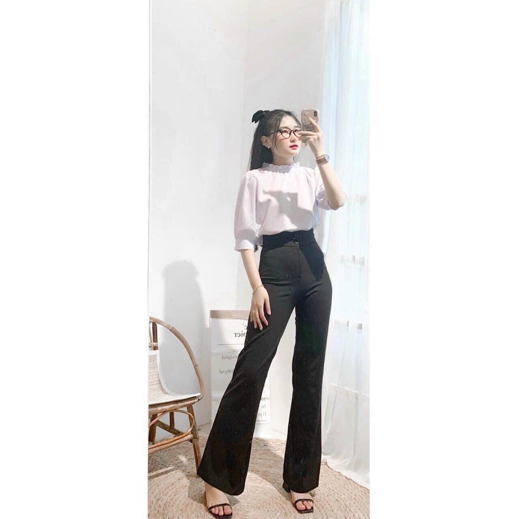 Quần loe dáng dài COTONFIO cạp cao bản to 2 cúc