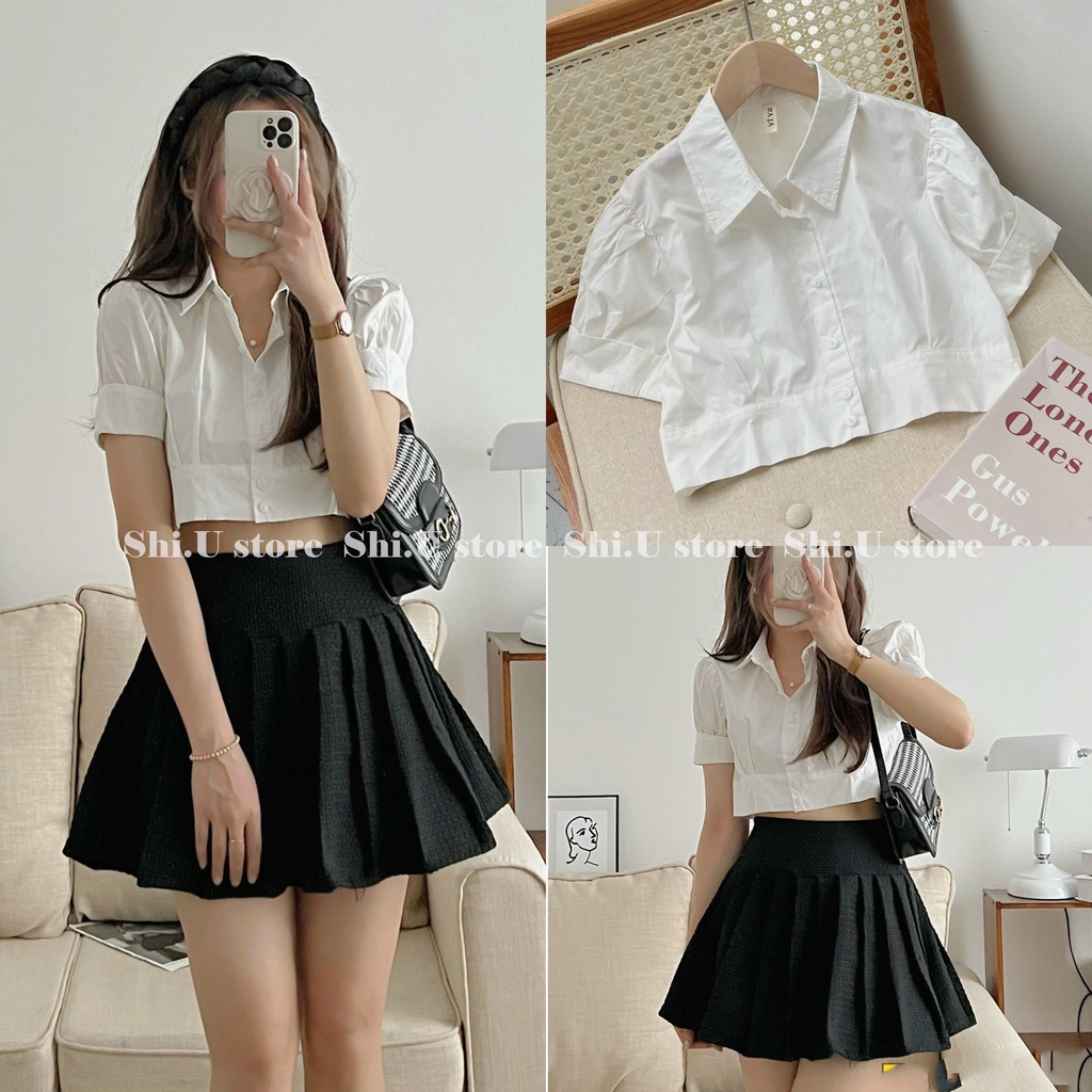 Áo sơ mi trắng nữ croptop tay ngắn ulzzang xinh xắn