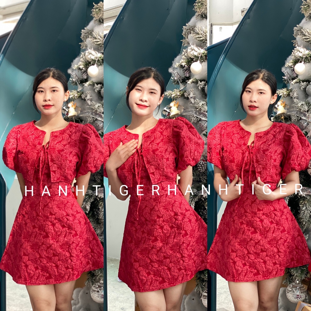 SET ĐẦM GẤM XỐP 2 DÂY + ÁO CROPTOP TAY PHỒNG CỘT NƠ MS216