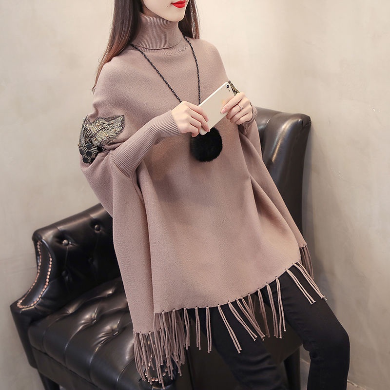 Áo Khoác Len Cổ Lọ Dáng Rộng Cỡ Lớn Phối Tua Rua Phong Cách Hàn Quốc Thời Trang Cho Nữ