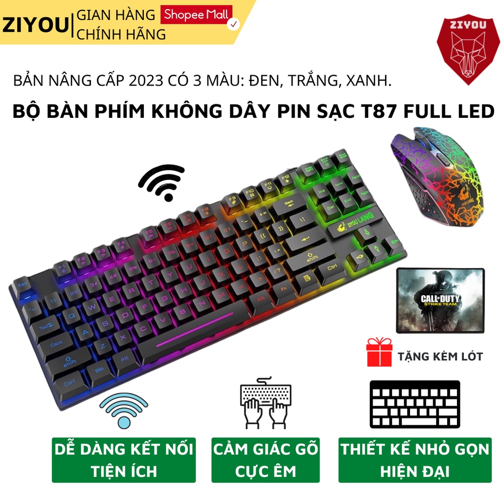 Bộ Bàn Phím Và Chuột Không Dây Pin Sạc ZIYOU T87 Thiết Kế Nhỏ Gọn Full Led Kết Nối 2.4GHz Tương Thích Máy Tính laptop pc