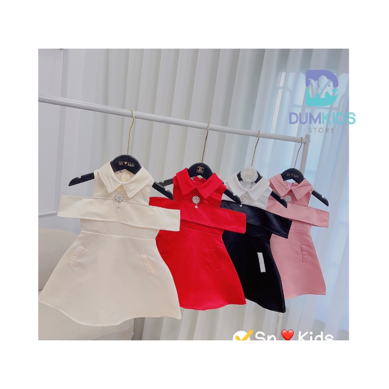 Đầm cho bé gái , Váy tafta cổ đức bệt vai 4 màu có tag ngọc cài xinh xắn cho bé 8-30kg