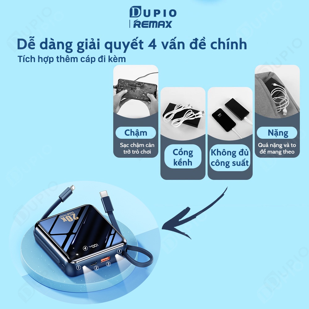 Pin dự phòng sạc nhanh DUPIO Remax PDP01 20000mah type c cute nhỏ gọn có đèn báo