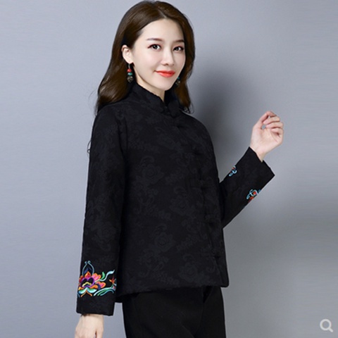 Áo Khoác Cotton Lanh Ngắn Cổ Đứng Cài Khóa Thêu Họa Tiết Thổ Cẩm Kiểu Retro Thời Trang Thu Đông Cho Nữ