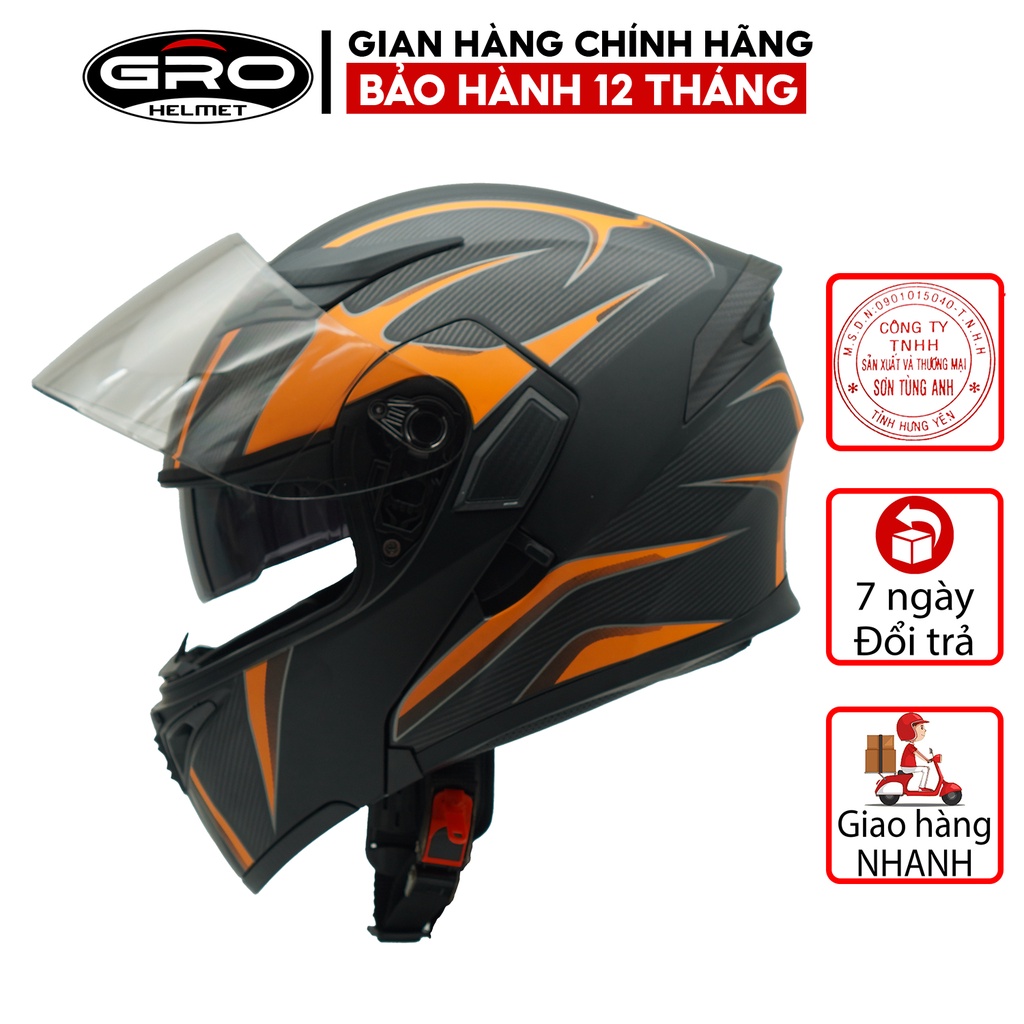 Mũ Bảo Hiểm Fullface Lật hàm 2 kính GRO Helmet GT New, mũ phượt thiết kế khóa kim loại chắc chắn - Nhiều màu