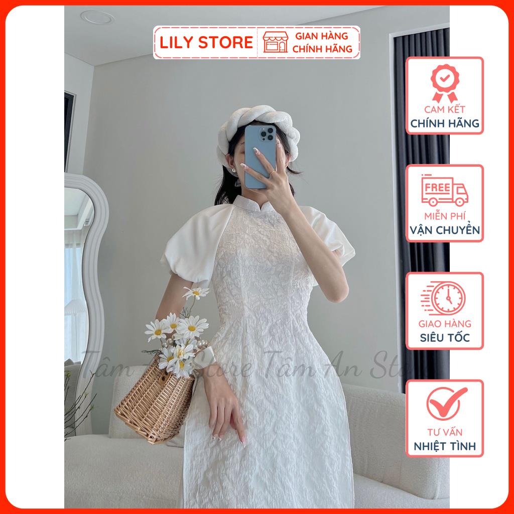 Bộ Áo Dài Gấm Trắng LILY STORE, Áo Dài Cách Tân Nữ Tay Bồng Kèm Chân Váy Xòe Hàng Thiết Kế Đủ Size.