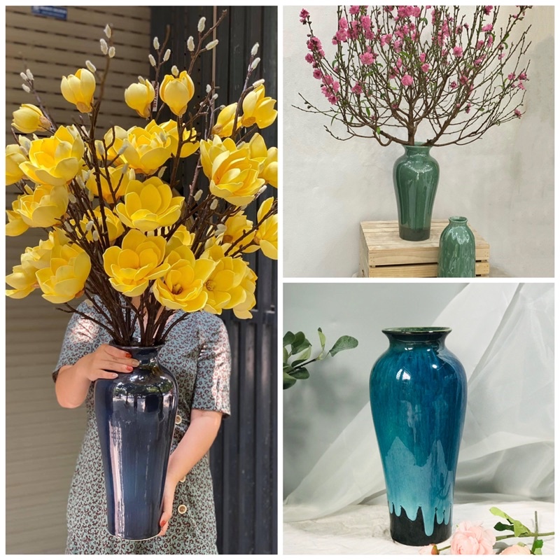 Bình cắm hoa, cắm đào, thanh liễu, mộc lan...dáng Đùi Dế cao 32cm nhiều màu men hoả biến - Bình hoa, lọ hoa Bát Tràng