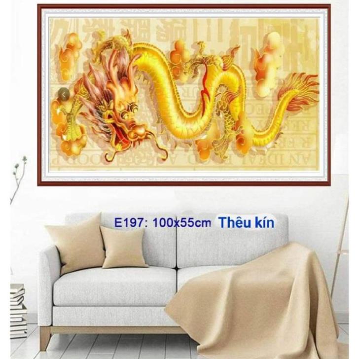 Tranh Cô Ba -25.Tranh thêu chữ thập Con Rồng vàng E197 (100x55cm) - thêu kín (Tự thêu hoặc đính đá) - Chưa thêu