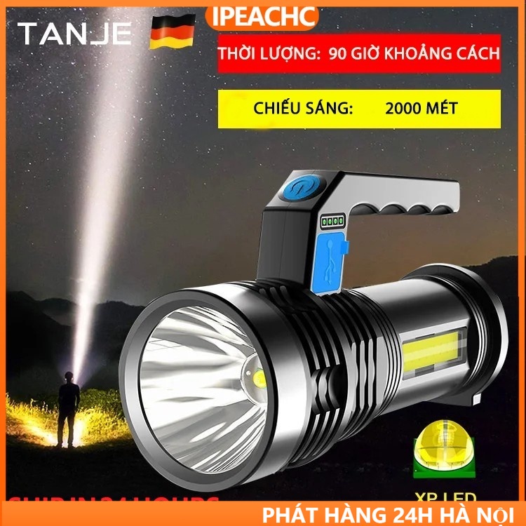Đèn Pin Siêu Sáng Cầm Tay LED công suất cao Đèn cầm tay LED + COB - Đèn pin sạc USB không thấm nước cho ánh sáng mạnh mẽ khi sử dụng ngoài trời. Đèn pha 4 chế độ ánh sáng.