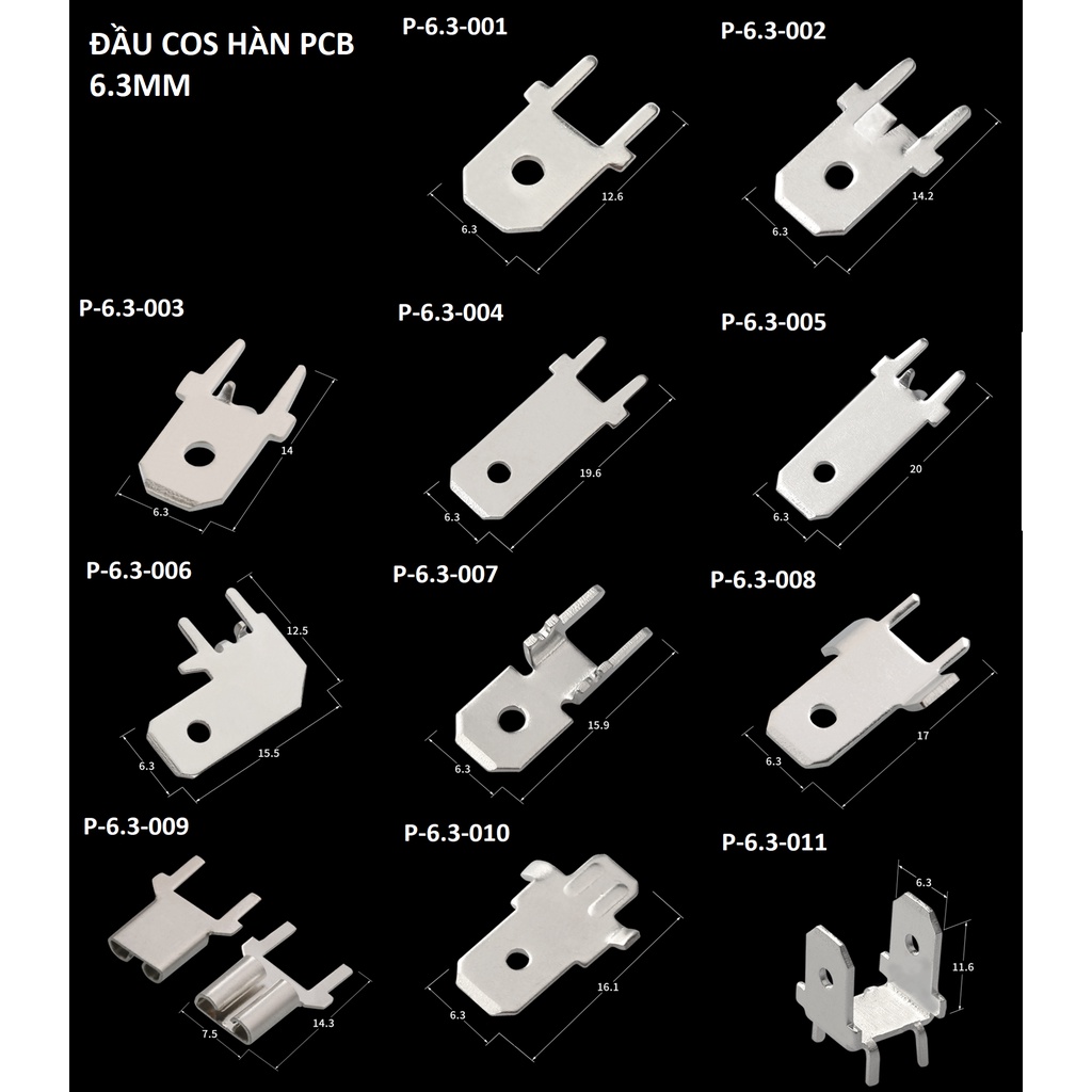 Combo 5 cái Đầu cos hàn bảng mạch PCB 6.3mm dày 0.8mm các loại (Click vào phân loại để xem hình của sp)