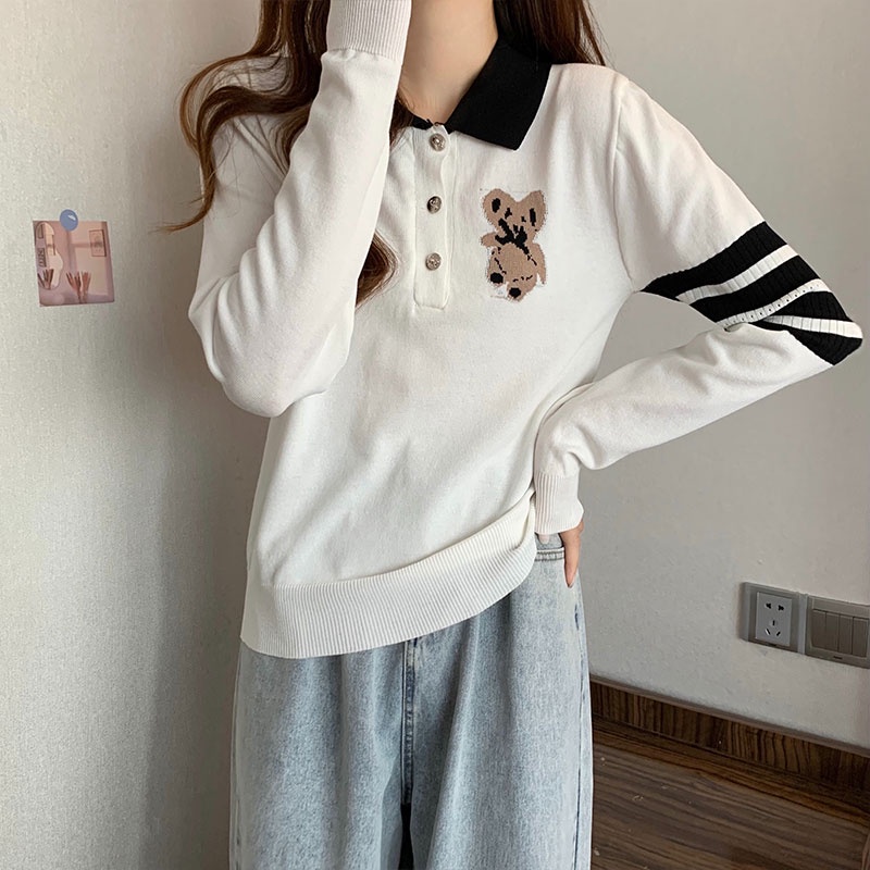 Áo polo Dệt Kim Tay Dài Thêu Hình Gấu Hoạt Hình Phong Cách Mùa Thu Dành Cho Nữ