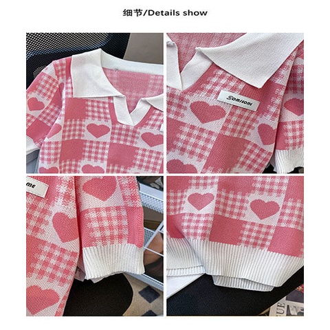 Áo loang màu áo croptop Áo polo Dệt Kim Tay Ngắn Họa Tiết Sọc Caro Phong Cách Preppy Ngọt Ngào