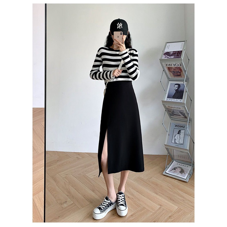 Chân váy Midi xẻ tà dài dáng suông đơn giản cá tính phong cách sang trọng có big size, vải tuyết mưa vitex dày dặn mã072