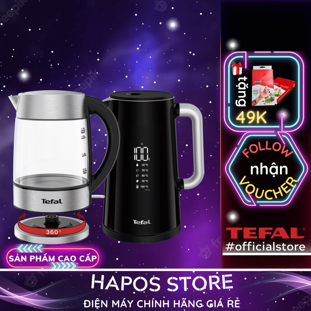 Ấm siêu tốc Tefal dung tích 1.2 - 1.7 lít, bình đun nước mini tự ngắt khi nước sôi và cạn nước - HAPOS