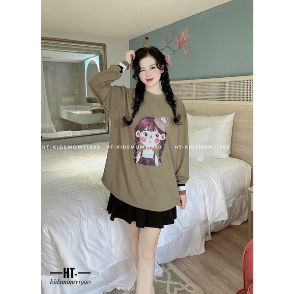 Áo bầu thu đông thun dài tay màu bo ống sọc màu in hình cô gái