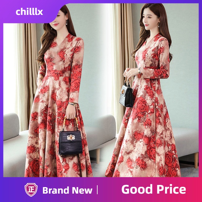 Đầm Chữ A Chui Đầu Cổ V Tay Dài In Họa Tiết Cổ Điển Cho Nữ