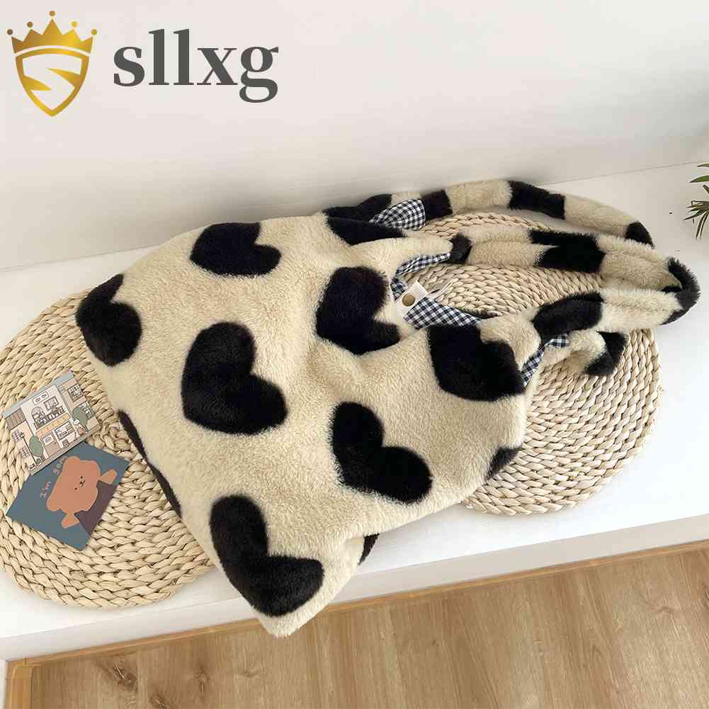 Túi Tote Đeo Vai Mùa Đông Kích Thước Lớn Họa Tiết Trái Tim Bằng Vải Lông