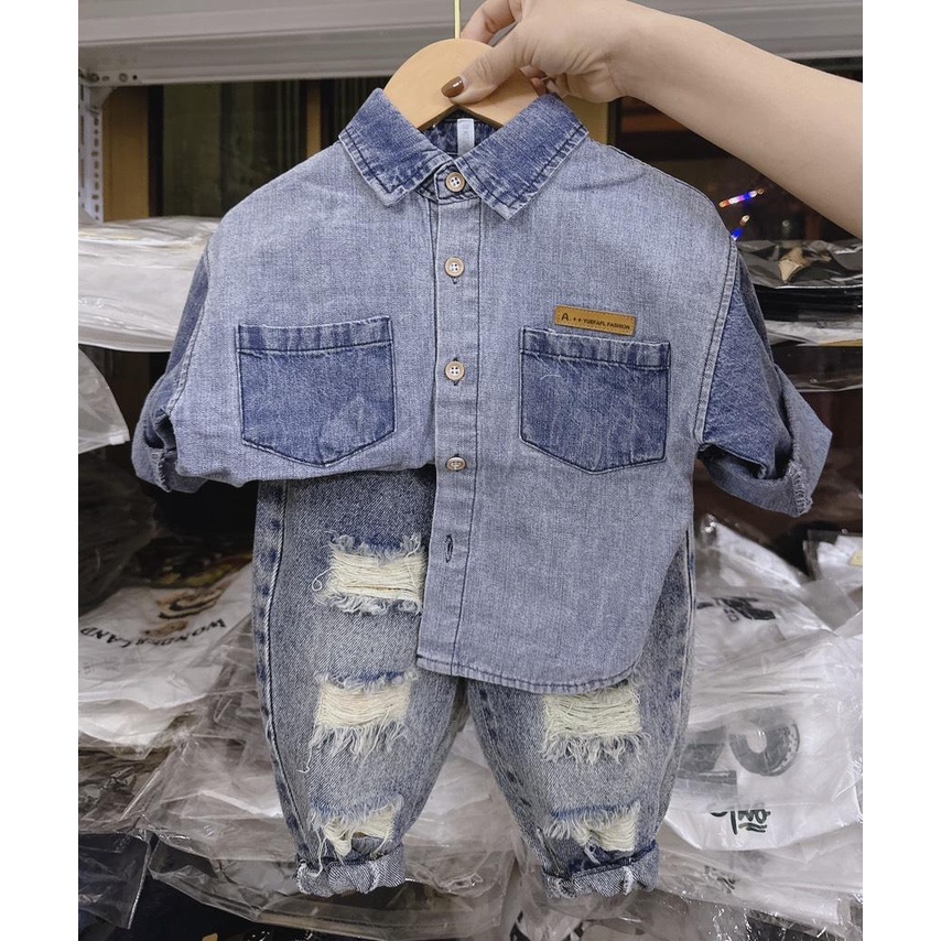 Áo sơ mi jean xanh quảng châu cho bé 10-25kg