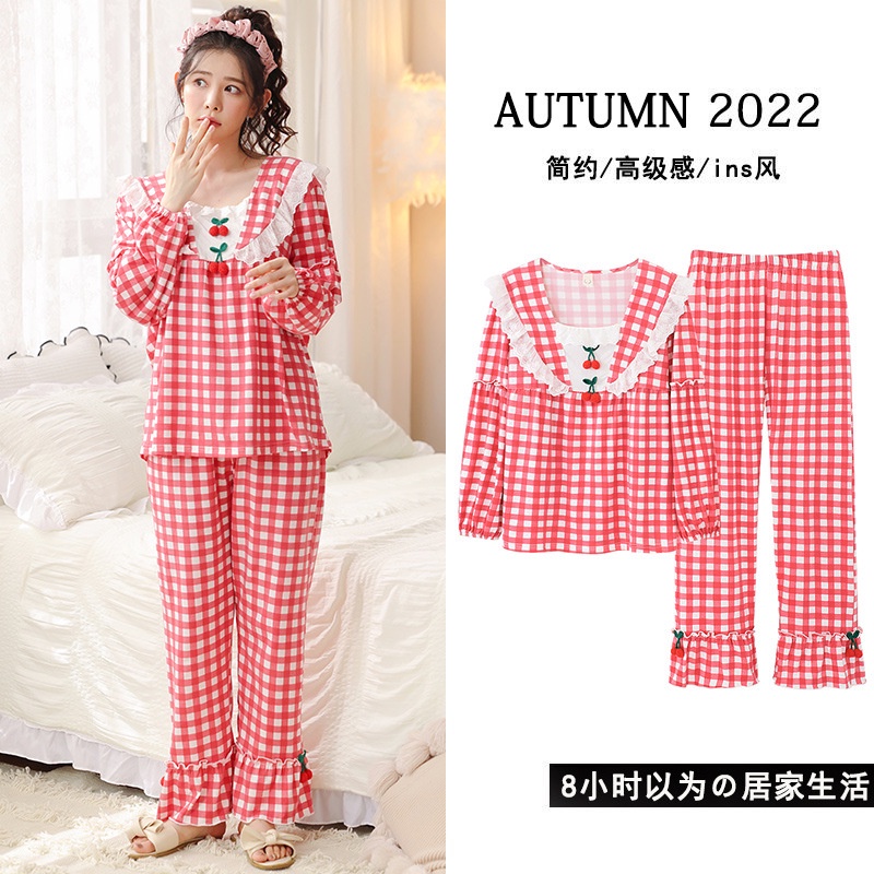 Bộ Đồ Ngủ Tay Dài Họa Tiết Caro Phối Ren Dễ Thương Thời Trang Xuân Thu Cho Nữ