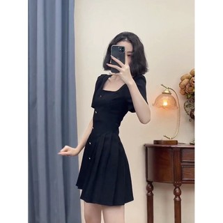(Có BigSize) Đầm Váy Đen Cổ Vuông Xếp Li Eo Phối Nút