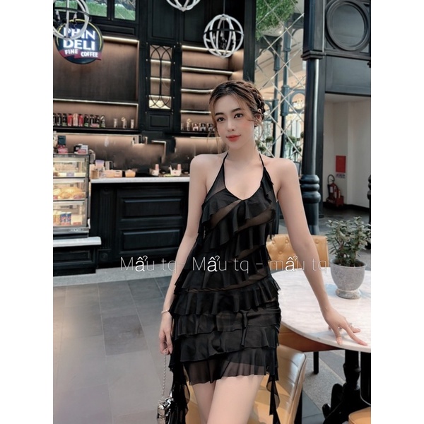 Váy body 2 dây lưới bèo tua rua