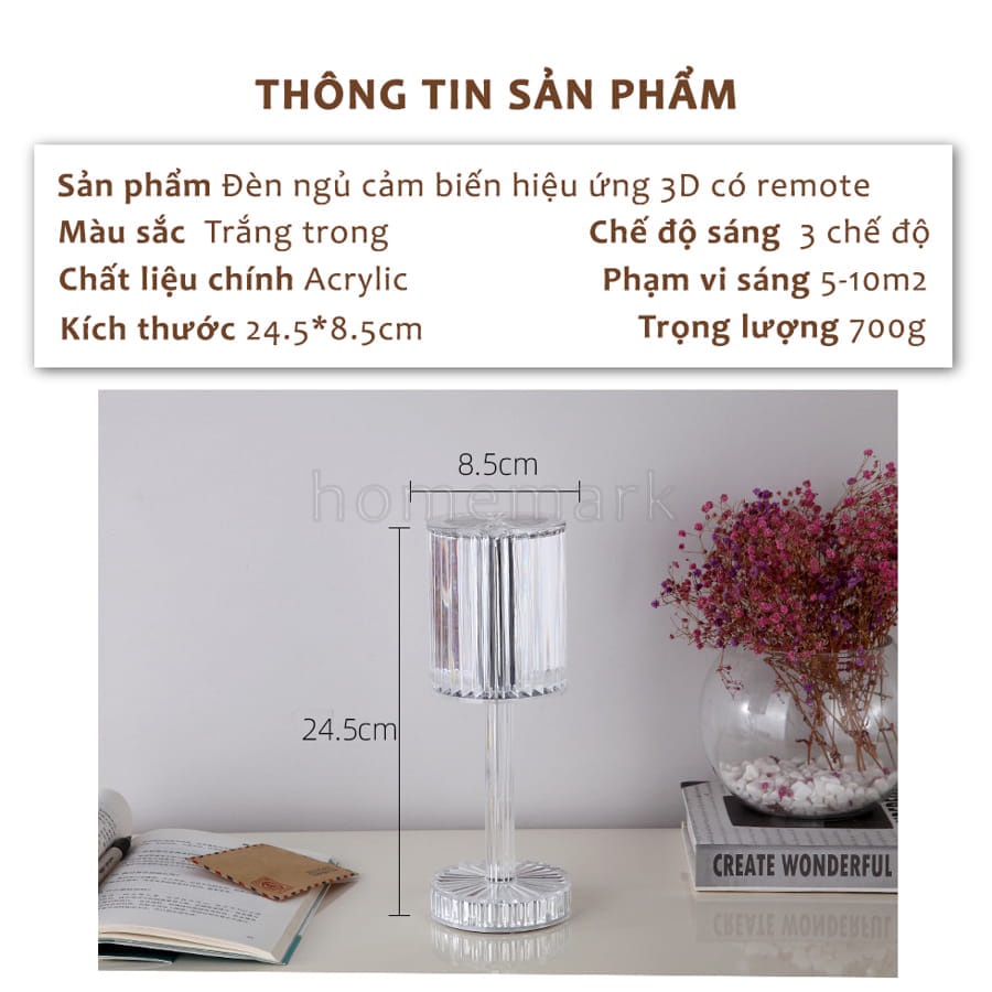 Đèn Ngủ Kim Cương Để Bàn, Đèn Pha Lê Hiệu Ứng 3D Cảm Biến Tích Điện Phong Cách Châu Âu