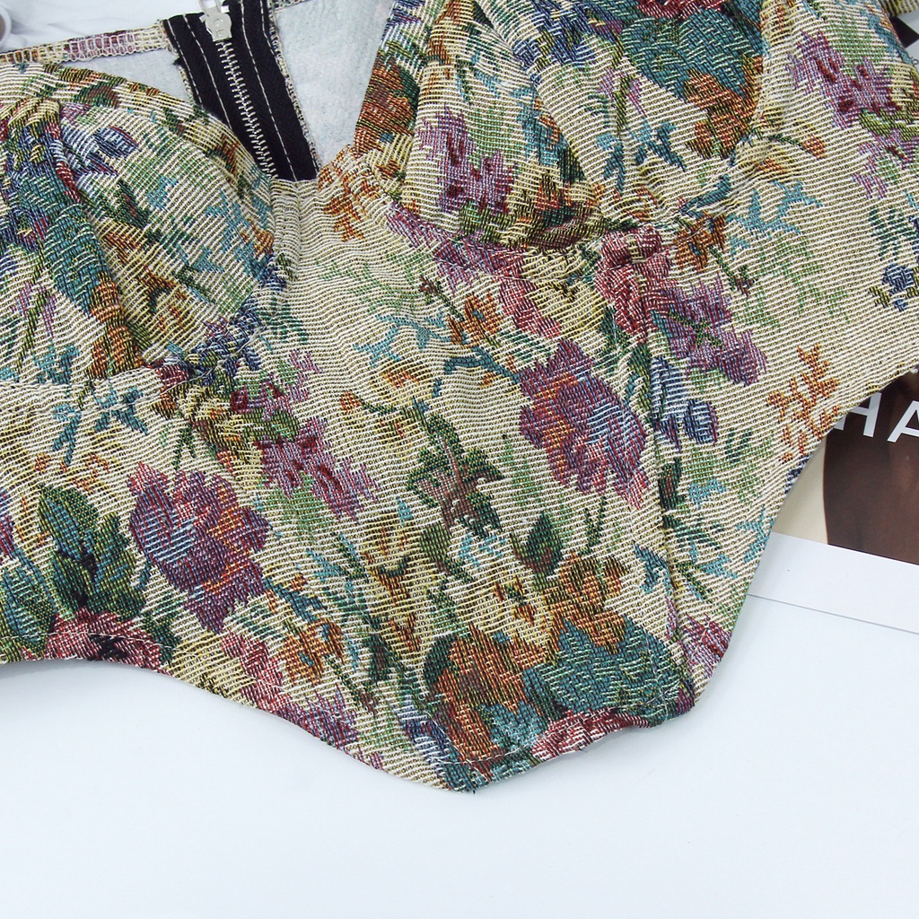 DUNEA Áo Croptop Tay Phồng Thêu Họa Tiết Xương Cá Phong Cách Cổ Điển Thời Trang Quyến Rũ Cho Nữ