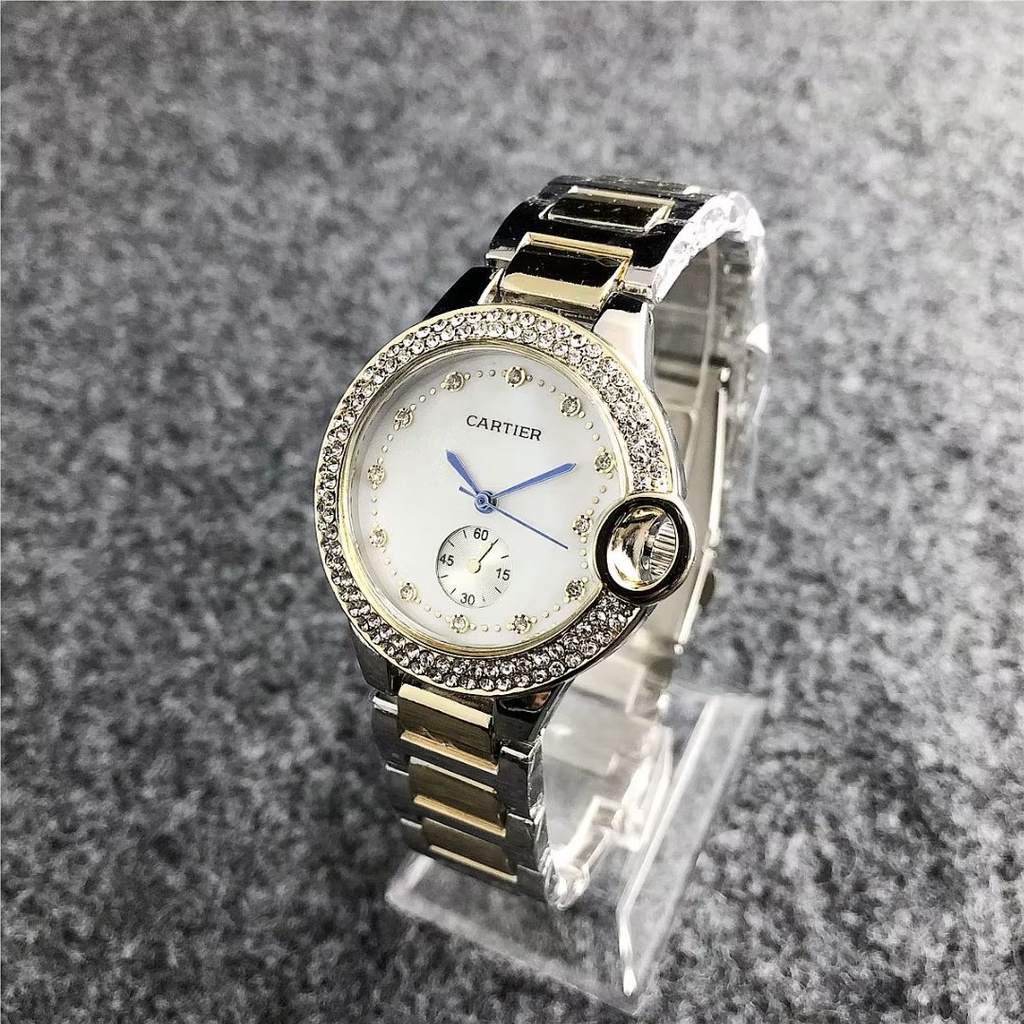 Cartier Đồng Hồ Quartz Mặt Tròn Đính Đá Chất Liệu Thép Không Gỉ Với Dây Đeo Da Thời Trang Cho Nam Nữ