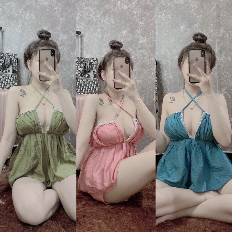 Set Bộ Đồ Ngủ Sexy Chất Xược Mềm Yếm Chéo Khoét Ngực
