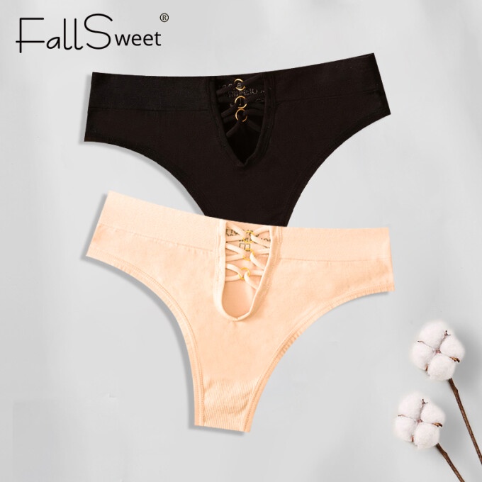 Fallsweet 3 Cái / Gói! Quần Lót Cotton Lọt Khe Lưng Chữ V Màu Trơn Gợi Cảm Cho Nữ