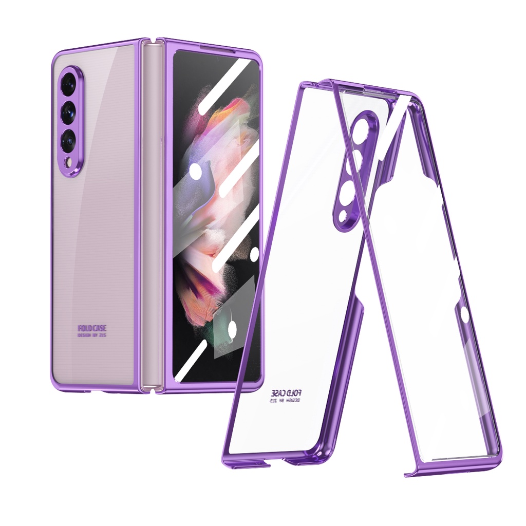 Ốp Điện Thoại Kính Cường Lực Trong Suốt Mạ Điện 9H 360 Độ Cho Samsung Galaxy Z Fold 3 5G 2021°Toàn Bộ Ốp Lưng PC Cứng Bảo Vệ Toàn Diện Có Kính Cường Lực Cho Iphone X