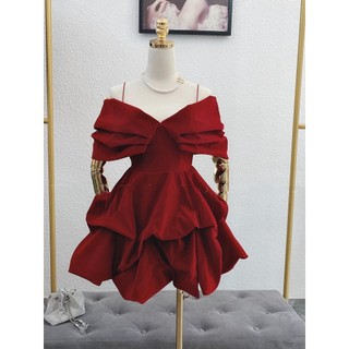 Đầm nhung đỏ rớt vai chân váy xoè bồng (ảnh thật trải)