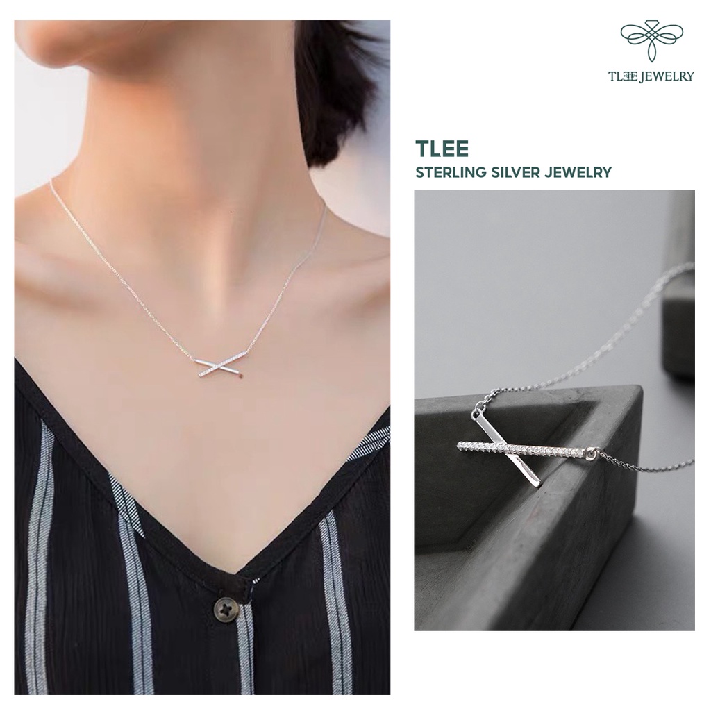 Dây chuyền bạc nữ TLEE thanh bạc chéo nạm đá lấp lánh TleeJewelry D0122