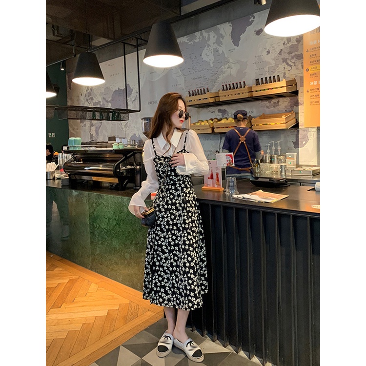 Đầm Voan Hai Dây Dáng Ôm In Hoa Xẻ Tà Thời Trang Xuân Hè Pháp Màu Đen