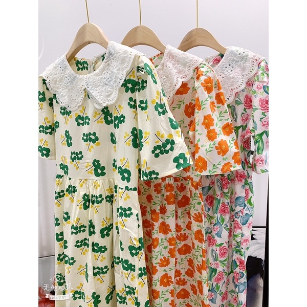 Đầm Babydoll Hoa Nhí Cổ Phối Cổ Ren Dáng Dài