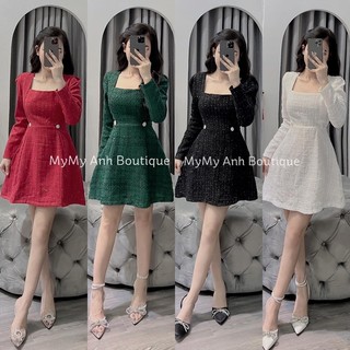 Váy dạ cổ vuông tay dài đính khuy đá eo