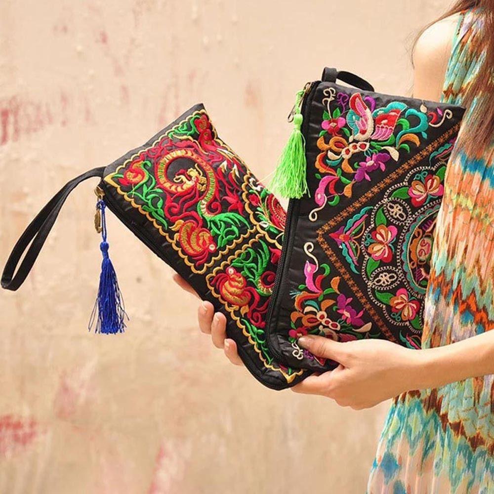 Ví Đựng Tiền Xu WMES15H Thêu Họa Tiết Thổ Cẩm Có Khóa Kéo Và Dây Đeo Cho Nữ