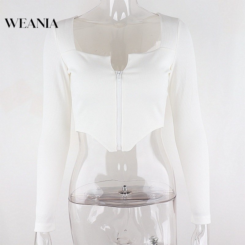 Áo Thun Crop Top Tay Dài Cổ Vuông Phối Khóa Kéo Thời Trang Cho Nữ