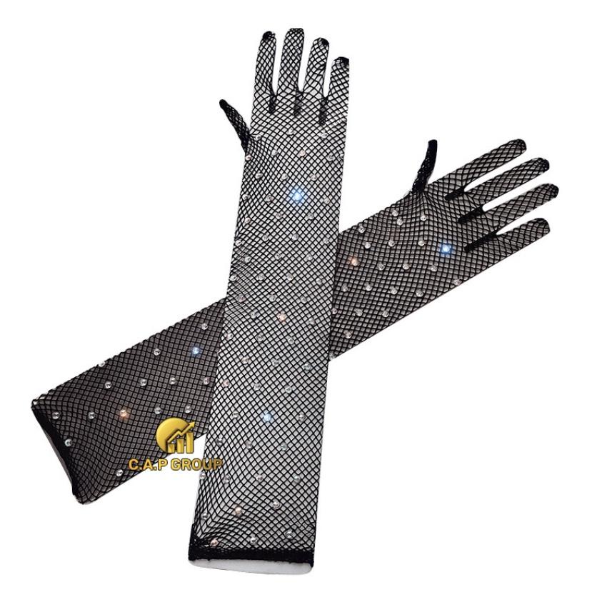 Găng tay lưới đính đá bling bao lưới đen ren thời trang sexy chụp ảnh dự tiệc đi diễn mặc đầm