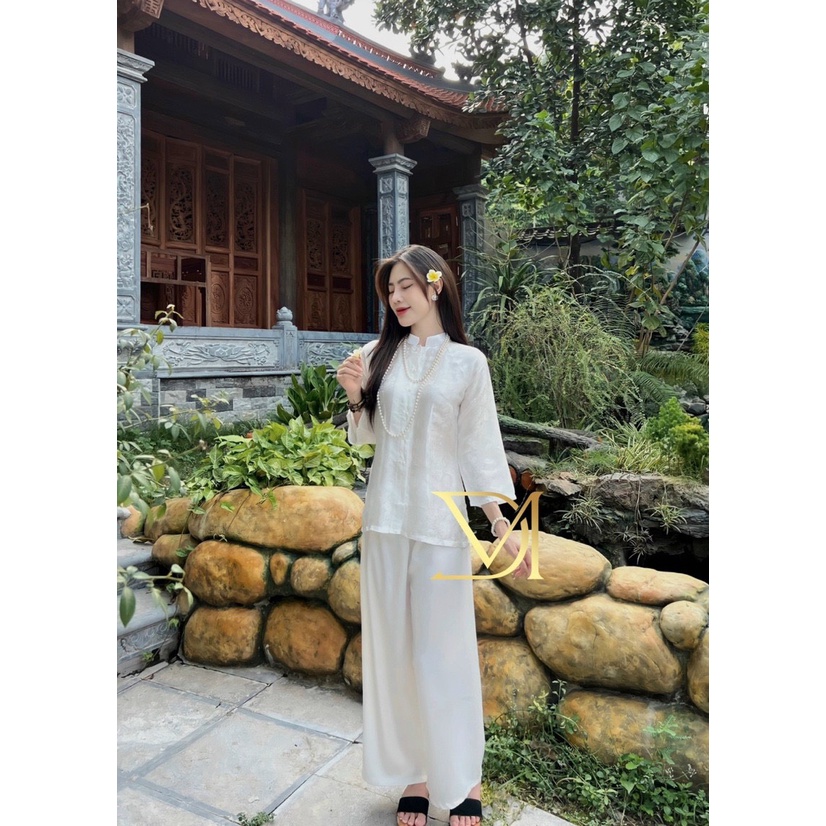 Đồ lam đi chùa, Bộ Đi Lễ Chùa Nữ Mẫu Tơ Tằm Cổ Tàu, Vải Lụa Gấm Loại 1 Mịn Đẹp Dày Dặn Thoáng Mát màu Trắng