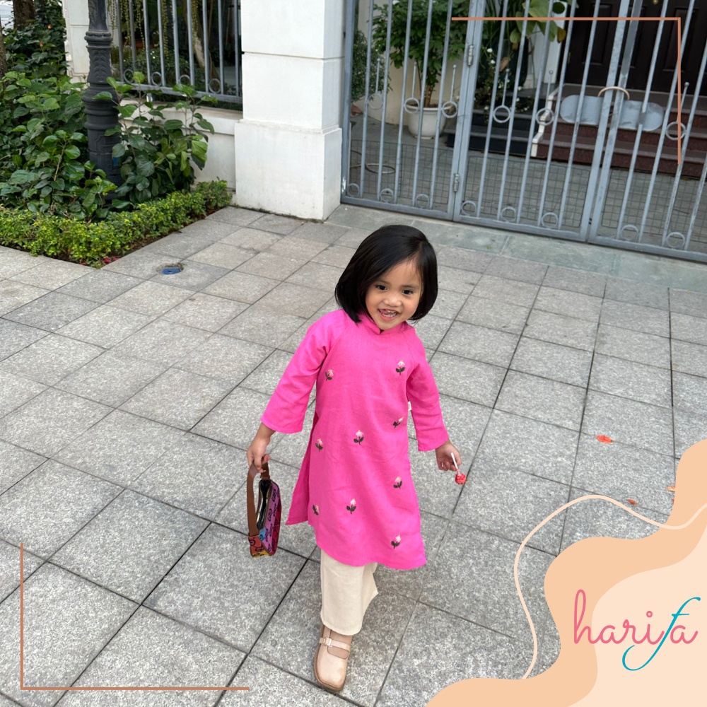 BADT010 Áo dài bé gái - màu hồng đậm - chất liệu linen thêu tay - họa tiết hoa lác đác - 1-6 tuổi