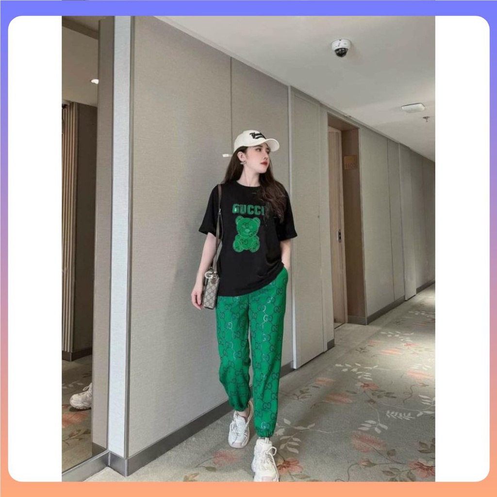 Đồ bộ thun quần dài form rộng, Set bộ nữ đi chơi áo thun ngắn tay họa tiết gấu xanh có size lớn từ 42kg đến 70kg