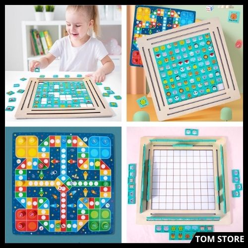 Đồ chơi gỗ thông minh, trí tuệ. Bộ xếp hình 2in1 ghép cặp Piakchu và cờ cá ngựa cho trẻ em, bé trai,gái 4 5 6 7 8 tuổi