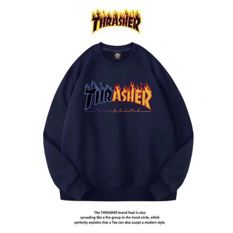 Áo Nỉ Tay Dài Cổ Tròn In Chữ Thrasher Ngọn Lửa Phong Cách Hip Hop Thời Trang Xuân Thu Cho Nam Và Nữ