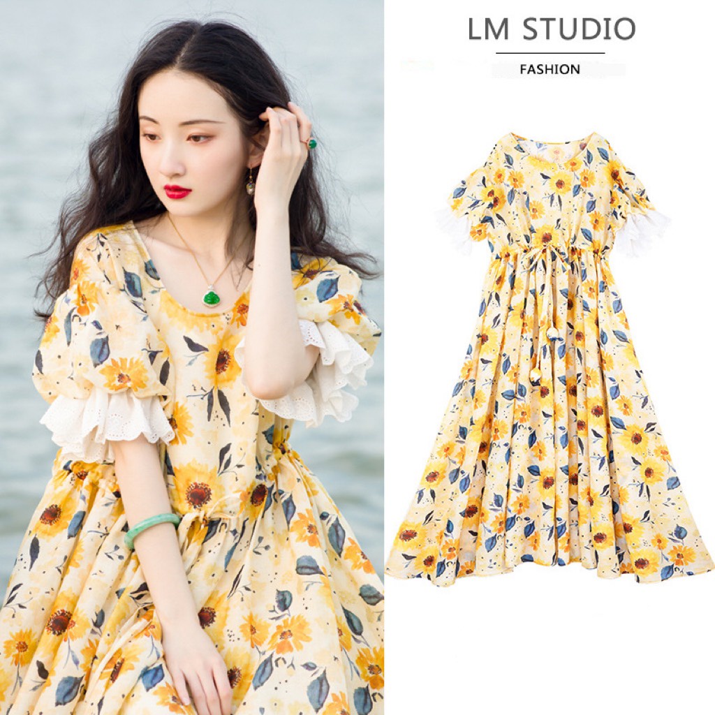 Váy bầu thiết kế dáng suông tay bồng chất liệu thô hoa đẹp công sở mùa hè mặc bầu và sau sinh V365